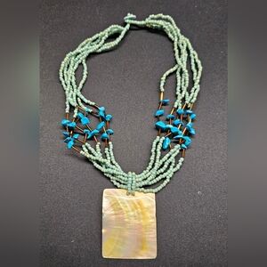 Turquoise & Shell Necklace New Blue & White